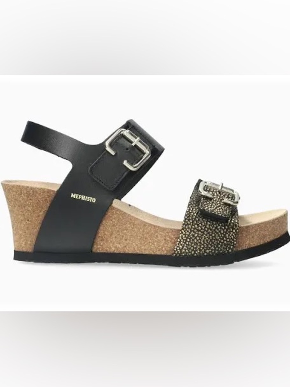 Mephisto Lissandra Wedge Sandal Wedge Sandals in Black & Gold NWT Size 40